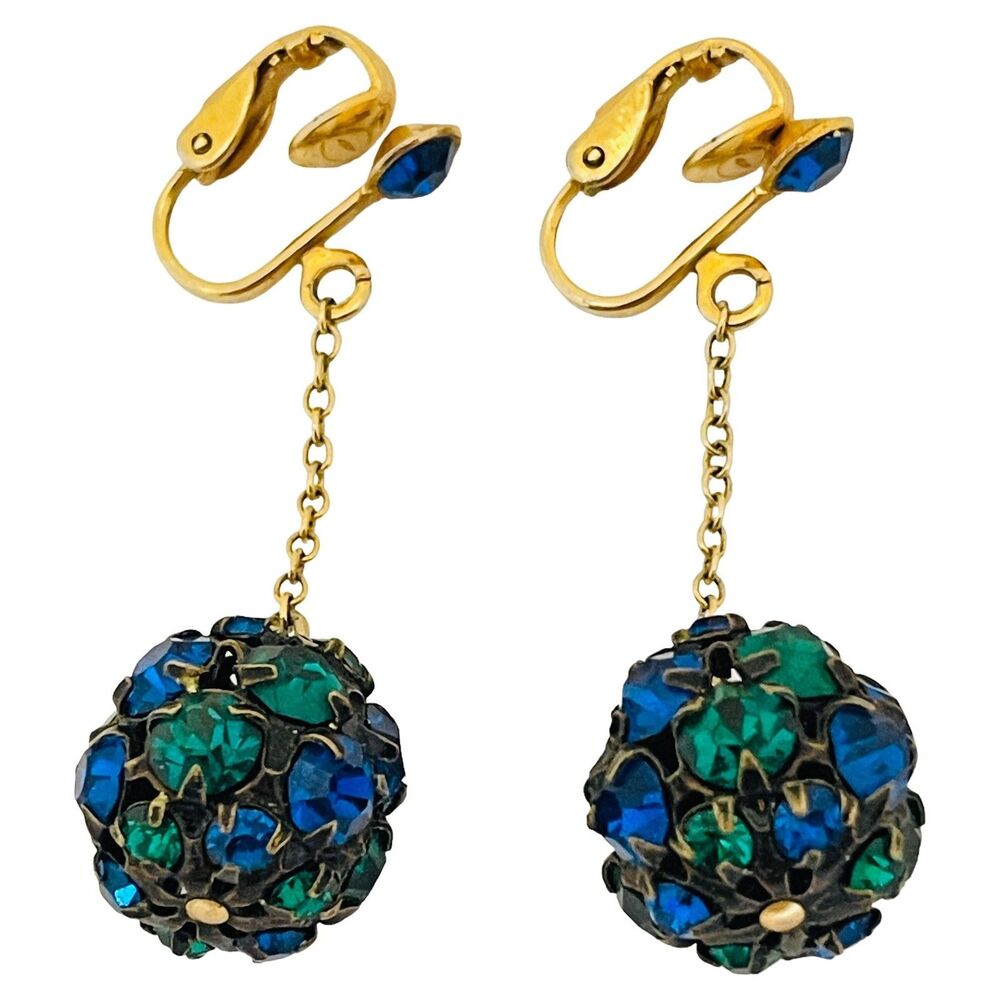 Vintage gold plated emerald sapphire rhinestone clip on designer earrings
